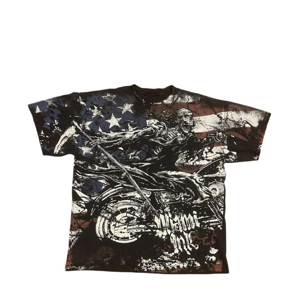 Vintage Black Y2K Miami Ink Skull Biker Men Tee Sz L